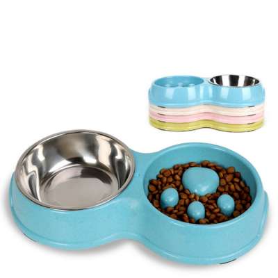 2 in 1 Preventing Choking Healthy Design Dogs Cats Slow Feeder Bowl No-Slip Stainless Steel Double Cat Bowls